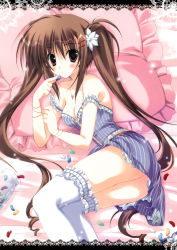 Rule 34 | 1girl, absurdres, bare shoulders, bracelet, breasts, brown hair, candy, cleavage, dress, flower, food, frilled thighhighs, frills, hair flower, hair ornament, hairclip, highres, jar, jelly bean, jewelry, korie riko, long hair, medium breasts, necklace, off shoulder, purple eyes, solo, striped, thighhighs, twintails, very long hair, white thighhighs