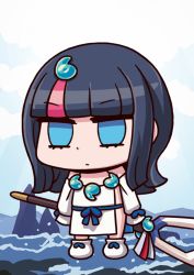Rule 34 | 1girl, april fools, black hair, blue eyes, chibi, cloud, detached sleeves, fate/grand order, fate/requiem, fate (series), highres, holding, holding polearm, holding spear, holding weapon, long hair, long sleeves, magatama hair ornament, multicolored hair, official art, pink hair, polearm, riyo (lyomsnpmp), sideless outfit, sleeves past wrists, solo, spear, utsumi erice, water, weapon