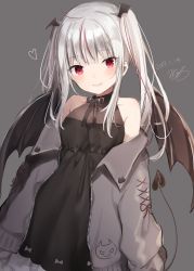 Rule 34 | 1girl, bad id, bad twitter id, bare shoulders, black dress, blush, breasts, brown wings, commentary, dated, demon girl, demon tail, demon wings, dress, fang, fang out, grey jacket, grin, head wings, heart, highres, jacket, long hair, long sleeves, looking at viewer, mafuyu (chibi21), multicolored hair, off shoulder, open clothes, open jacket, original, puffy long sleeves, puffy sleeves, red eyes, red hair, signature, silver hair, sleeveless, sleeveless dress, small breasts, smile, solo, streaked hair, symbol-only commentary, tail, tail raised, twintails, wings