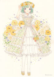 Rule 34 | 1girl, arm at side, blue eyes, blue flower, bob cut, bow, collared dress, commission, dress, dress bow, floral background, flower, frilled dress, frills, full body, green hair, hair flower, hair ornament, hand on headwear, hand up, head wreath, layered dress, leaf, original, parted lips, red flower, rose, short hair, short sleeves, skeb commission, solo, standing, straight-on, takanashi tsubasa, twitter username, white background, white bow, white dress, white flower, white rose, yellow bow, yellow flower, yellow footwear
