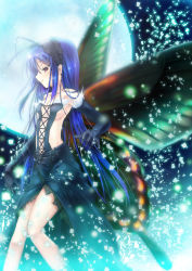 Rule 34 | 10s, 1girl, accel world, antenna hair, bare shoulders, blue hair, breasts, butterfly wings, cleavage, dress, elbow gloves, gloves, hairband, insect wings, kuroyukihime, long hair, moon, navel, profile, red eyes, shion (kawasemi), sideboob, solo, wings