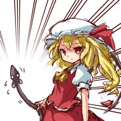 Rule 34 | 1girl, :o, blonde hair, blush, bow, ascot, flandre scarlet, hat, hat bow, laevatein, looking at viewer, mob cap, parted lips, puffy short sleeves, puffy sleeves, red eyes, ribbon, rod, ryogo, short hair, short sleeves, side ponytail, simple background, skirt, solo, staff, embodiment of scarlet devil, touhou, upper body, white background, wings