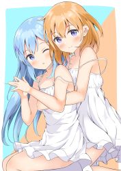 Rule 34 | 2girls, ;o, bare arms, bare shoulders, blue background, blue eyes, blue hair, border, camisole, closed mouth, collarbone, commentary request, feet out of frame, gochuumon wa usagi desu ka?, hair between eyes, hair ornament, hands up, highres, hoto cocoa, hug, hug from behind, kafuu chino, keito4f, long hair, looking at viewer, medium hair, multiple girls, one eye closed, orange background, orange hair, outside border, own hands together, purple eyes, smile, spaghetti strap, strap slip, two-tone background, very long hair, white border, white camisole, x hair ornament