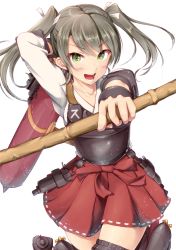 Rule 34 | 10s, 1girl, bow (weapon), green eyes, grey hair, hair between eyes, highres, ichikawa feesu, japanese clothes, kantai collection, long hair, looking at viewer, muneate, open mouth, pointing, pointing at viewer, simple background, skirt, skirt set, solo, twintails, weapon, zuikaku (kancolle)