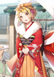 Rule 34 | 1girl, :d, ari don, blonde hair, day, flower, fur trim, hair flower, hair ornament, highres, holding, japanese clothes, kimono, looking at viewer, obi, open mouth, outdoors, red kimono, sash, short hair, smile, solo, standing, swept bangs, teeth, tongue, toramaru shou, touhou, upper teeth only, v arms, wide sleeves, yellow eyes