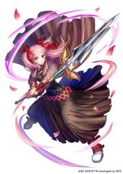 Rule 34 | 1girl, 2018, black dress, blue eyes, boots, bow, brown coat, closed mouth, coat, dress, fighting stance, full body, hair bow, holding, holding sword, holding weapon, long hair, looking at viewer, official art, petals, phima, pink hair, raquel applegate, red bow, serious, simple background, solo, sword, two side up, weapon, white background, wild arms, wild arms: million memories, wild arms 4