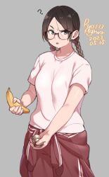 Rule 34 | 1girl, ?, agawa ryou, ball, banana, black hair, braid, breasts, clothes around waist, commentary, cowboy shot, dated, english commentary, food, fruit, glasses, holding, holding ball, holding food, holding fruit, jacket, jacket around waist, jersey, long hair, looking at viewer, medium breasts, original, sexually suggestive, shirt, short sleeves, signature, simple background, solo, sportswear, twin braids, twintails, white shirt