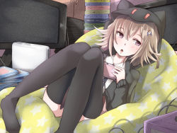 Rule 34 | 10s, :o, animal hood, bad id, bad pixiv id, black thighhighs, blonde hair, blush, cable, case, cat hood, collared shirt, cupboard, danganronpa (series), danganronpa 2: goodbye despair, feet, game console, gamecube, hair between eyes, hair ornament, hairpin, handheld game console, hood, hoodie, lying, nanami chiaki, no shoes, on back, open clothes, open hoodie, parted lips, pillow, pink eyes, pink skirt, playstation vita, pleated skirt, shirt, shuga (soranote), skirt, solo, star (symbol), star print, television, thighhighs, white shirt, wii