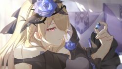 Rule 34 | 1girl, brown hair, commentary, commentary request, dress, flower, formal, game cg, hair flower, hair ornament, highres, honkai (series), honkai impact 3rd, huge filesize, long hair, looking at object, mole, mole under eye, red eyes, rita rossweisse, rita rossweisse (fallen rosemary), smile, sunlight, third-party source