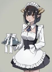 Rule 34 | 1girl, apron, black dress, black gloves, black hair, bow, breasts, brown eyes, cleavage, dress, gloves, hime-sama &quot;goumon&quot; no jikan desu, holding, holding tray, horns, looking at viewer, maid, maid apron, maid headdress, medium breasts, paramisan, pointy ears, short hair, simple background, solo, standing, torture tortura, tray, white bow, yellow horns