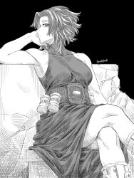 Rule 34 | 1girl, armpits, artist name, bare arms, bare shoulders, belt, boku no hero academia, boots, covered collarbone, crossed legs, dress, fur-trimmed footwear, fur trim, greyscale, hand on own cheek, hand on own face, head rest, highres, honexstage, lady nagant, long dress, looking at viewer, medium hair, monochrome, short hair, sitting, sleeveless turtleneck dress, solo, taut clothes, taut dress, utility belt, zipper footwear