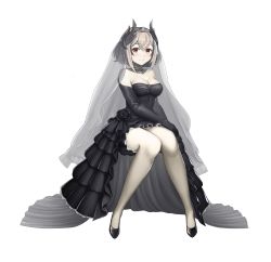 Rule 34 | 1girl, azur lane, bare shoulders, black gloves, black hair, black wedding dress, blush, breasts, bridal veil, bride, choker, cleavage, closed mouth, commentary request, dress, elbow gloves, gloves, grey hair, hair between eyes, highres, jchoy, looking at viewer, medium breasts, multicolored hair, roon (azur lane), short hair, simple background, smile, solo, streaked hair, veil, wedding dress, white background