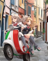 Rule 34 | 2girls, ascot, bare shoulders, blonde hair, blouse, boots, bow, bowtie, braid, breasts, brown eyes, corset, cup, day, drinking glass, french braid, grey hair, hat, highres, k jie, kantai collection, large breasts, long hair, mini hat, miniskirt, moped, motor vehicle, multiple girls, outdoors, pola (kancolle), red neckwear, riding, road, scooter, shirt, skirt, stairs, street, thick eyebrows, thighhighs, tilted headwear, vespa, wavy hair, white legwear, white shirt, wine glass, zara (kancolle)