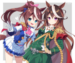 Rule 34 | 2girls, :d, animal ears, ascot, black hair, black thighhighs, blue eyes, breasts, brown hair, commentary request, epaulettes, frilled skirt, frills, gloves, green jacket, green skirt, grey background, hair between eyes, hand on own hip, heart, high ponytail, horse ears, horse girl, horse tail, jacket, leaning forward, long hair, long sleeves, mauve, medium breasts, multicolored hair, multiple girls, open mouth, outstretched arm, pleated skirt, ponytail, purple eyes, shirt, single epaulette, skirt, sleeves past wrists, small breasts, smile, streaked hair, symboli rudolf (umamusume), tail, thighhighs, tokai teio (umamusume), twitter username, two-tone background, two-tone hair, umamusume, very long hair, white ascot, white background, white gloves, white hair, white jacket, white shirt, white skirt