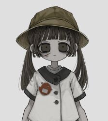 Rule 34 | 1girl, arms at sides, blunt bangs, brown eyes, brown hair, buttons, closed mouth, commentary request, dilated pupils, expressionless, grey background, hat, highres, injury, kindergarten uniform, long hair, looking at viewer, name tag, original, oshio (shioqqq), school hat, scratches, shirt, short sleeves, sidelocks, simple background, solo, standing, straight-on, twintails, upper body, white background, white shirt, yellow hat