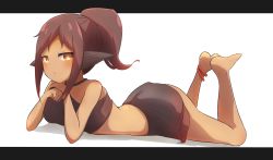 Rule 34 | + +, 1girl, absurdres, animal ears, ass, bare arms, bare legs, bare shoulders, barefoot, black skirt, blush, breasts, brown eyes, brown hair, closed mouth, commentary request, crop top, dark-skinned female, dark skin, full body, halterneck, highres, idaten93, legs up, letterboxed, looking at viewer, lying, medium breasts, on stomach, original, outside border, parted bangs, ponytail, shadow, sidelocks, simple background, skirt, solo, the pose, white background