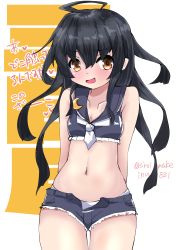 Rule 34 | absurdres, adapted costume, ahoge, arms behind back, bikini, bikini under clothes, black hair, breasts, collarbone, cowboy shot, crescent, crescent pin, hair between eyes, highres, kantai collection, kitahama (siroimakeinu831), long hair, mikazuki (kancolle), necktie, sailor bikini, sailor collar, shorts, small breasts, smiley face, solo, swimsuit, swimsuit under clothes, thighs, twitter username, white background, white necktie, yellow eyes