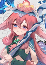 Rule 34 | 1girl, absurdres, animal ears, antlers, bare shoulders, bead necklace, beads, blue eyes, blush, breasts, closed mouth, gem, hair between eyes, hair ornament, highres, holding, holding wand, horns, horse ears, jewelry, league of legends, lillia (league of legends), long hair, momikodayo, necklace, red hair, shan hai scrolls lillia, simple background, small breasts, smile, solo, upper body, wand, white background