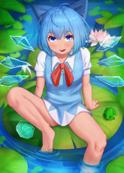 Rule 34 | 1girl, absurdres, barefoot, blue bow, blue dress, blue eyes, blue hair, bow, cirno, dress, hair bow, highres, ice, ice wings, lily pad, looking at viewer, masamika10086, open mouth, puffy short sleeves, puffy sleeves, red ribbon, ribbon, short hair, short sleeves, sitting, solo, tan, tanned cirno, touhou, wings