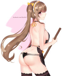 Rule 34 | 1girl, apron, artist name, ass, back, bare back, bare shoulders, black apron, black panties, black thighhighs, bow, breasts, broom, brown hair, butt crack, chu (huaha1320), closed mouth, from behind, girls&#039; frontline, hair bow, hair ornament, hairclip, heart, holding, holding broom, long hair, maid headdress, medium breasts, nearly naked apron, panties, pink eyes, profile, ribbon, see-through, sideboob, smile, solo, strap gap, thighhighs, thong, twintails, two-tone background, ump9 (girls&#039; frontline), underwear, watermark, web address, yellow bow, yellow ribbon