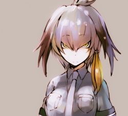 Rule 34 | 10s, 1girl, bad id, bad twitter id, beige background, black hair, breast pocket, closed mouth, collared shirt, cowlick, expressionless, grey hair, grey necktie, grey shirt, hair between eyes, kemono friends, looking at viewer, low ponytail, multicolored hair, necktie, pocket, shirt, shoebill (kemono friends), short sleeves, side ponytail, simple background, solo, tabata hisayuki, tsurime, upper body, yellow eyes