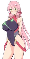 Rule 34 | 1girl, akashi (kancolle), arms behind back, bare hips, black one-piece swimsuit, breasts, competition swimsuit, cosplay, cosplay request, covered collarbone, covered navel, cowboy shot, embarrassed, flat color, from side, glowing, green eyes, hair between eyes, hair ribbon, halterneck, kantai collection, kusano (torisukerabasu), large breasts, long hair, looking at viewer, multicolored clothes, neon trim, nintendo, one-piece swimsuit, pink hair, pyra (pro swimmer) (xenoblade), pyra (xenoblade), pyra (xenoblade) (cosplay), ribbon, simple background, skin tight, solo, standing, swimsuit, thighs, tress ribbon, turtleneck, very long hair, white background, xenoblade chronicles (series), xenoblade chronicles 2