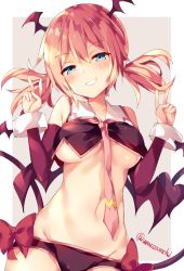 Rule 34 | 1girl, artist name, bare shoulders, black panties, blonde hair, blue eyes, blush, bow, breasts, commentary request, crop top, demon tail, demon wings, detached sleeves, double v, grin, hands up, head wings, highres, looking at viewer, low twintails, medium breasts, navel, necktie, no pants, original, outside border, panties, parted lips, pointy ears, raphilia meredith, red bow, revealing clothes, shiny skin, smile, solo, tail, twintails, twitter username, unacchi (nyusankin), underwear, v, wings