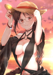 Rule 34 | 1girl, arms up, bare shoulders, black dress, braid, breasts, brown hat, cleavage, closed mouth, cloud, cloudy sky, commentary request, dress, fate/grand order, fate (series), fingernails, glasses, hands on headwear, hat, highres, iroha (shiki), large breasts, long hair, nail polish, navel, o-ring, ocean, outdoors, red nails, short sleeves, single braid, sky, smile, solo, straw hat, sunset, very long hair, water, wide sleeves, yu mei-ren (fate), yu mei-ren (festival outfit) (fate)