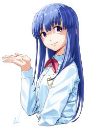 Rule 34 | 1girl, blue hair, blunt bangs, bow, bowtie, closed mouth, collared shirt, cropped torso, dress shirt, furude rika, highres, higurashi no naku koro ni, long hair, long sleeves, looking at viewer, mac naut, red bow, red bowtie, red eyes, school uniform, shirt, signature, simple background, smile, solo, st. lucia academy school uniform, straight hair, upper body, very long hair, white background, white shirt, wing collar