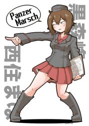 Rule 34 | 1girl, artist name, black footwear, black hat, black jacket, boots, brown eyes, brown hair, character name, clipboard, commentary request, dress shirt, full body, garrison cap, german text, girls und panzer, half-closed eyes, hat, holding, holding clipboard, insignia, jacket, kuromorimine military uniform, long sleeves, looking to the side, military, military hat, military uniform, miniskirt, nishizumi maho, parted lips, partial commentary, pleated skirt, pointing, red shirt, red skirt, shadow, shirt, short hair, signature, skirt, solo, standing, translated, uniform, wing collar, zannen na hito