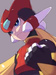Rule 34 | 1boy, absurdres, android, blonde hair, blue eyes, clenched hand, commentary request, cropped jacket, helmet, highres, ishigaki (sora roxas), light frown, long hair, male focus, mega man (series), mega man zero (series), simple background, upper body, zero(z) (mega man), zero (mega man)