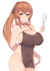 Rule 34 | 1girl, apron, bare shoulders, blush, bow, breasts, brown apron, brown hair, brown ribbon, brown theme, choker, cleavage, collarbone, covered navel, girls&#039; frontline, green eyes, hair between eyes, hair ribbon, hair rings, highres, hip focus, kuavera, large breasts, long hair, looking at viewer, naked apron, ponytail, ribbon, shiny skin, sidelocks, simple background, smile, solo, springfield (girls&#039; frontline), thighs, very long hair, whisk, white background