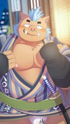 Rule 34 | 1boy, absurdres, animal ears, bara, beckoning, black bridal gauntlets, blue hair, blurry, blush, boar boy, boar ears, bridal gauntlets, bulge, cowboy shot, depth of field, facial hair, fundoshi, furry, furry male, ganglie (housamo), highres, japanese clothes, katana, kimono, large pectorals, looking at viewer, male focus, nipples, official alternate costume, opened by self, pectorals, pig nose, plump, sheath, sheathed, solo, striped clothes, striped kimono, sword, tet (tetillust), thick eyebrows, tokyo houkago summoners, tusks, vertical-striped clothes, vertical-striped kimono, weapon