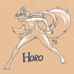 Rule 34 | 1girl, animal ears, barefoot, breasts, completely nude, feet, female pubic hair, highres, holo, long hair, medium breasts, monochrome, nipples, nude, pubic hair, reabault, serious, spice and wolf, tail, wolf ears, wolf girl, wolf tail