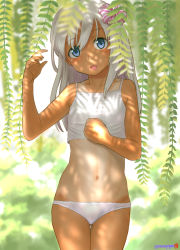 Rule 34 | 1girl, alternate costume, bare arms, bare shoulders, blush, bow, breasts, collarbone, commentary request, cowboy shot, crop top, dappled sunlight, day, gluteal fold, hair bow, hair ornament, highres, kantai collection, leaf, long hair, looking at viewer, mu-pyon, navel, no pants, one-piece tan, open mouth, outdoors, panties, ro-500 (kancolle), shadow, sleeveless, small breasts, smile, solo, stomach, sunlight, tan, tanline, twitter username, underwear, white panties