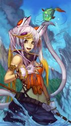Rule 34 | 1girl, animal ears, bare shoulders, belt, braid, cloud, elsevilla, fantasy, fingerless gloves, fish, fishing rod, gloves, highres, hook, image sample, long hair, looking at viewer, midriff, multicolored hair, nail polish, pouch, sky, smile, solo, strapless, tail, tube top, very long hair, white hair, yellow eyes