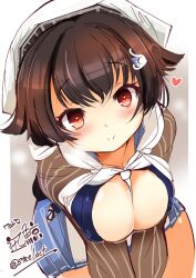 Rule 34 | 1girl, apron, bandana, black hair, blue serafuku, blue skirt, breasts, brown background, brown shawl, hair flaps, hair ornament, hairband, hairclip, headgear, heart, heart-shaped pupils, jingei (kancolle), kantai collection, large breasts, long hair, looking at viewer, low ponytail, neckerchief, nijou katame, open clothes, open shirt, pleated skirt, red eyes, sailor collar, school uniform, serafuku, shawl, signature, skirt, solo, symbol-shaped pupils, twitter username, two-tone hairband, waist apron, whale hair ornament, white apron, white background, white bandana, white neckerchief