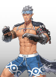 Rule 34 | 1boy, abs, arm tattoo, armband, artist name, bara, biceps, breasts, chain, claws, clenched hands, dungeon and fighter, ear piercing, earrings, facial hair, facial scar, tooth necklace, fighter (dungeon and fighter), fighting stance, fingerless gloves, frown, gauntlets, gloves, headband, jewelry, jin (sirius-j), large breasts, large pectorals, looking to the side, male focus, manly, mature male, muscular, muscular male, navel, necklace, nipples, open mouth, pectorals, piercing, pointy ears, red eyes, scar, scar on cheek, scar on face, scar on stomach, shorts, shoulder pads, silver hair, solo, spiked hair, spread legs, stubble, tail, tattoo, teeth, thick thighs, thighs, tongue