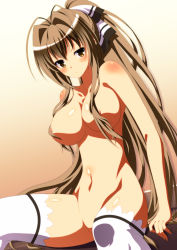 Rule 34 | 10s, 1girl, amagi brilliant park, antenna hair, arm support, blush, bow, breasts, brown eyes, brown hair, censored, closed mouth, gradient background, hair bow, hair censor, highres, ka2, large breasts, long hair, looking at viewer, navel, nude, orange background, pointless censoring, sento isuzu, shadow, shiny skin, sitting, solo, thighhighs, very long hair, white thighhighs