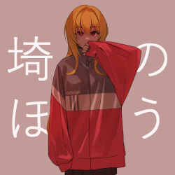 Rule 34 | 1girl, absurdres, adidas, alternate costume, blonde hair, casual, commentary, covering own mouth, fingernails, highres, idolmaster, idolmaster cinderella girls, jacket, kurosaki chitose, multicolored clothes, multicolored jacket, nail polish, red eyes, simple background, sleeves past wrists, solo, stariklil, text background, upper body