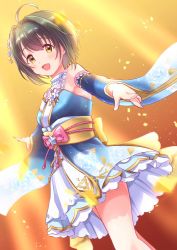 Rule 34 | 1girl, ahoge, armpit peek, blue kimono, bow, detached sleeves, frilled skirt, frills, green hair, idol, idolmaster, idolmaster cinderella girls, idolmaster cinderella girls starlight stage, japanese clothes, jewelry, kimono, kohinata miho, light particles, light rays, mwm385, necklace, obi, open mouth, outstretched arms, pearl necklace, petticoat, pink bow, sash, skirt, solo, spread arms, string, wide sleeves, yellow bow, yellow eyes