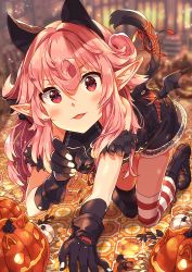 Rule 34 | 1girl, all fours, animal ears, asymmetrical legwear, black gloves, blurry, blush, cowlick, depth of field, gloves, hair between eyes, halloween, halterneck, hand up, highres, jack-o&#039;-lantern, long hair, looking at viewer, mismatched legwear, narumi arata, open mouth, original, pink hair, pointy ears, recri (narumi arata), red eyes, red ribbon, ribbon, shorts, smile, solo, striped clothes, striped legwear, striped thighhighs, tail, tail ornament, tail ribbon, thighhighs, thighs, wings