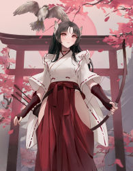 Rule 34 | 1girl, absurdres, arrow (projectile), artist name, bird, black hair, blunt bangs, bow (weapon), choker, chowbie, feather hair ornament, feathers, fingerless gloves, gloves, hair ornament, hakama, hakama skirt, hawk, highres, hip vent, holding, holding bow (weapon), holding weapon, japanese clothes, long hair, looking at viewer, nontraditional miko, original, outdoors, petals, quiver, red hakama, ribbon-trimmed sleeves, ribbon trim, signature, skirt, solo, torii, tree, weapon