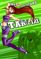 Rule 34 | 1girl, :d, ;d, boots, breasts, brown hair, character name, dc comics, eyebrows, full body, green background, green eyes, grin, highres, medium breasts, midriff, navel, one eye closed, open mouth, projected inset, purple footwear, ryuusei (mark ii), skirf, skirt, smile, solo, starfire, teen titans, thigh boots, thighhighs, vambraces, zettai ryouiki