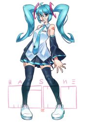 Rule 34 | 1girl, alternate hair length, alternate hairstyle, black skirt, blue eyes, blue hair, blue necktie, character name, commentary, detached sleeves, english commentary, hatsune miku, headset, highres, necktie, skirt, smile, snowcie, solo, twintails, vocaloid, vocaloid boxart pose