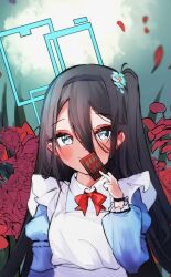 Rule 34 | 1girl, absurdres, alice in wonderland, aris (blue archive), black hair, blue archive, blue eyes, card, flower, glimer3048, hair between eyes, halo, highres, holding, holding card, long hair, name connection, red flower, red ribbon, red rose, ribbon, rose, solo