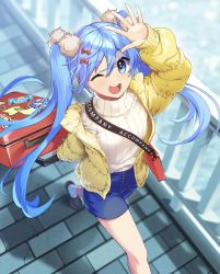 Rule 34 | 1girl, :d, absurdres, blue eyes, blue hair, bow, comiket 99, down jacket, gen (gen m gen), hair bow, hatsune miku, highres, jacket, long hair, one eye closed, open mouth, pom pom (clothes), shorts, smile, solo, suitcase, sweater, twintails, very long hair, vocaloid