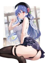 Rule 34 | 1girl, absurdres, alternate costume, ass, black headwear, black panties, black skirt, black thighhighs, blue hair, blurry, blurry background, breasts, closed mouth, commentary request, food, fruit, full body, highres, hinanawi tenshi, long hair, looking at viewer, looking back, medium breasts, panties, peach, red eyes, shirt, sitting, skirt, sleeveless, sleeveless shirt, solo, tetsurou (fe+), thighhighs, touhou, underwear, v, wariza, white shirt
