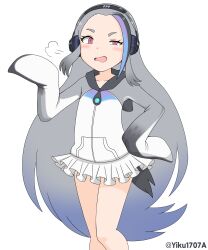 Rule 34 | 1girl, absurdres, animal costume, annoyed, artist name, bare legs, black hoodie, blue hair, blush, child, collarbone, confused, dot nose, eyebrows, eyelashes, feet out of frame, female focus, flat chest, giant penguin (kemono friends), gradient hair, grey hair, grey hoodie, half-closed eye, hand on own hip, hand up, headphones, highres, hood, hood down, hoodie, kemono friends, kusogaki, legs together, looking at viewer, miniskirt, multicolored clothes, multicolored hair, multicolored hoodie, open mouth, penguin costume, penguin girl, penguin tail, pleated skirt, pov, red eyes, sidelocks, simple background, skirt, sleeves past fingers, sleeves past wrists, solo, standing, tail, tongue, two-tone hair, watermark, white background, white hoodie, white skirt, yiku1707
