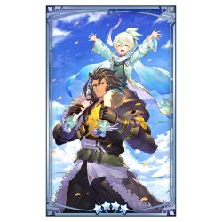Rule 34 | 2boys, arms up, bara, blue sky, cape, carrying, carrying person, closed eyes, cloud, cloudy sky, dragalia lost, falling leaves, hands on another&#039;s leg, leaf, looking at another, lowen (dragalia lost), male focus, multiple boys, official art, open mouth, piggyback, ranzal (dragalia lost), sky, smile, star (symbol), takamine nadare, wind, winged footwear